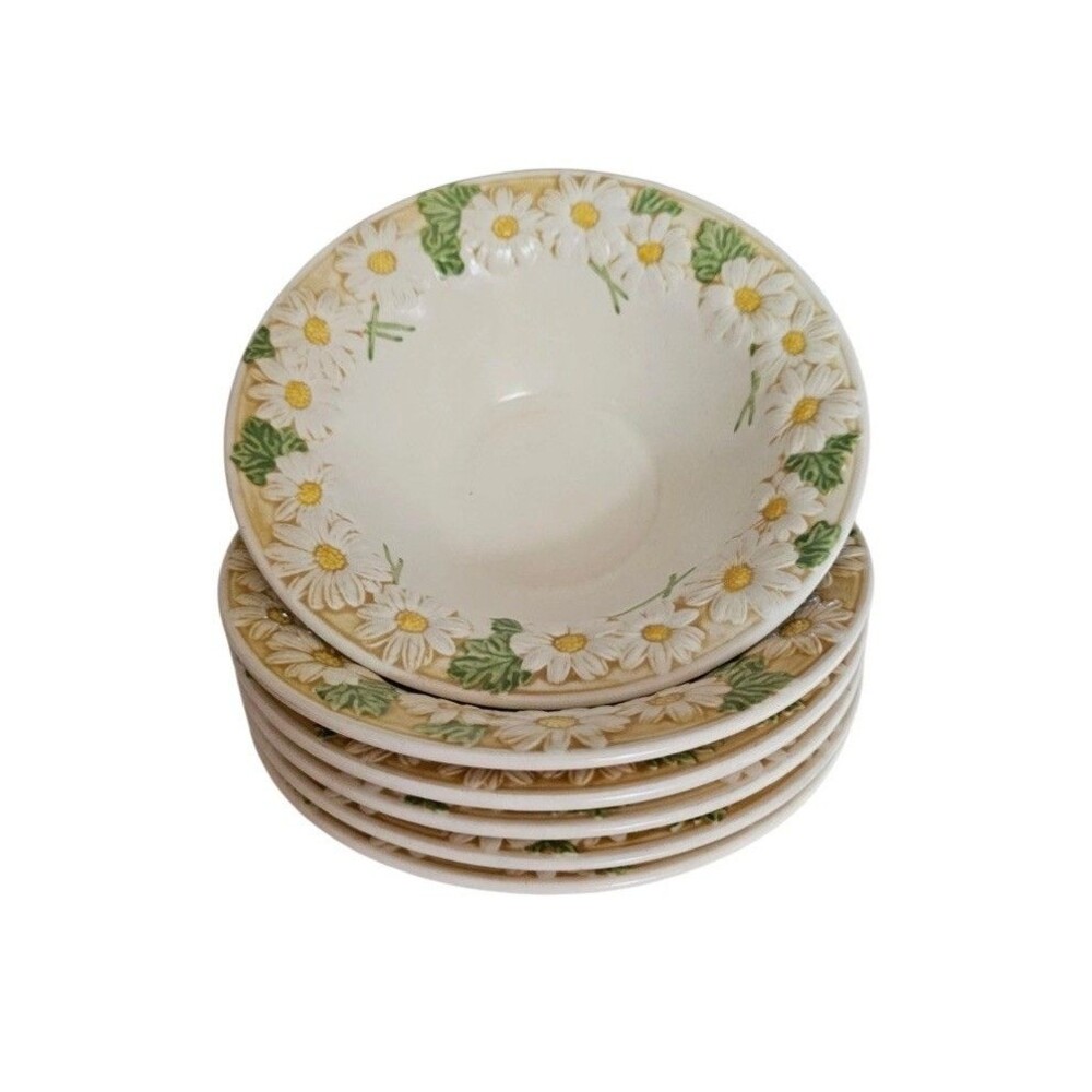 6 Vtg Metlox Poppy Trail Cereal Bowls Sculptured Daisy Flowers Yellow 7"x3" Deep